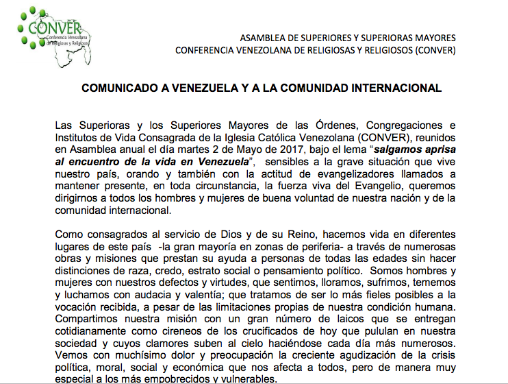Comunicado oficial de la Conferencia Venezolana de Religiosas y Religiosos (CONVER) a Venezuela y a la comunidad internacional